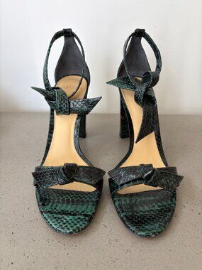 Alexandre Birman Clarita Snakeskin Block Heel Sandals 37.5 Green Black